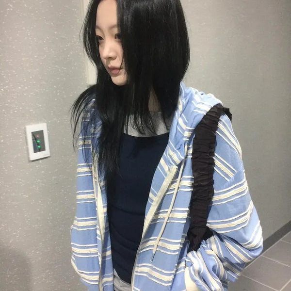 Wave Stripe Loose Two-Way Zip-Up Hoodie