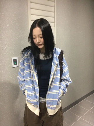 Wave Stripe Loose Two-Way Zip-Up Hoodie