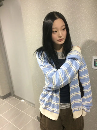 Wave Stripe Loose Two-Way Zip-Up Hoodie