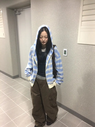 Wave Stripe Loose Two-Way Zip-Up Hoodie