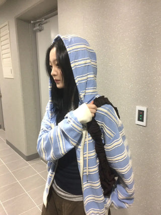 Wave Stripe Loose Two-Way Zip-Up Hoodie