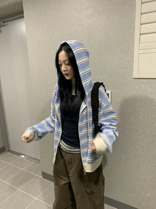 Wave Stripe Loose Two-Way Zip-Up Hoodie