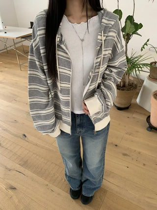 Wave Stripe Loose Two-Way Zip-Up Hoodie