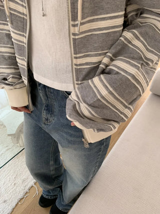 Wave Stripe Loose Two-Way Zip-Up Hoodie