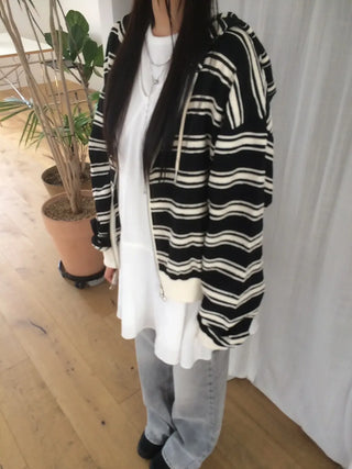 Wave Stripe Loose Two-Way Zip-Up Hoodie