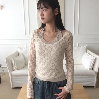 Lace Layered Double Halter See-through Long Sleeve T-shirt