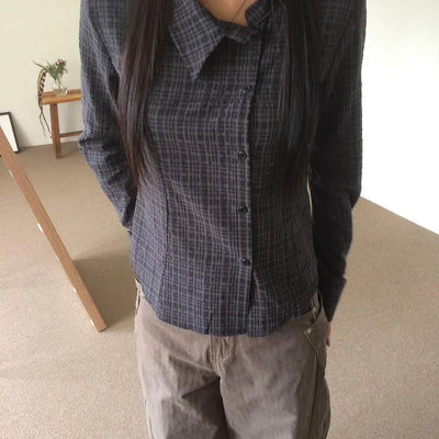 Asymmetrical Cut Check Button Long Sleeve Shirt