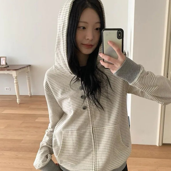 Coing Stripe Button Pocket Zip-up Hoodie
