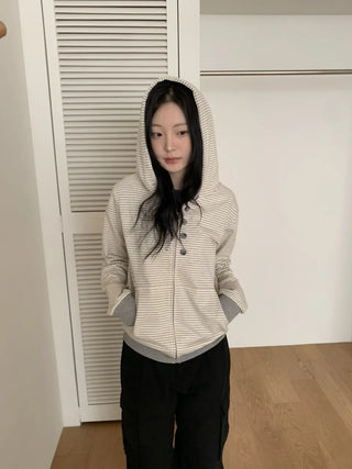 Coing Stripe Button Pocket Zip-up Hoodie