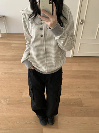 Coing Stripe Button Pocket Zip-up Hoodie