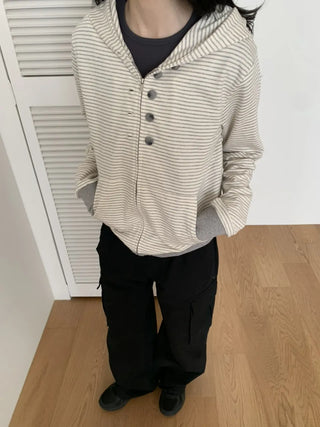 Coing Stripe Button Pocket Zip-up Hoodie