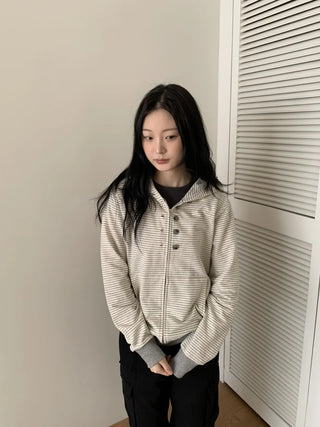 Coing Stripe Button Pocket Zip-up Hoodie