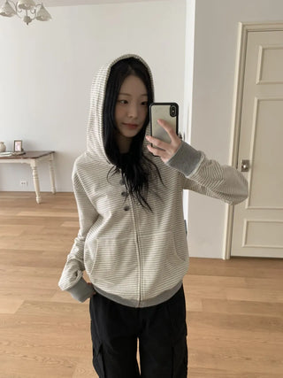 Coing Stripe Button Pocket Zip-up Hoodie