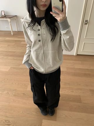 Coing Stripe Button Pocket Zip-up Hoodie