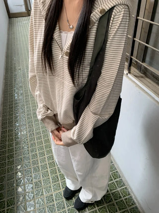 Coing Stripe Button Pocket Zip-up Hoodie