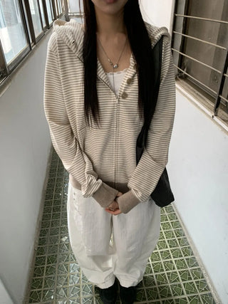 Coing Stripe Button Pocket Zip-up Hoodie
