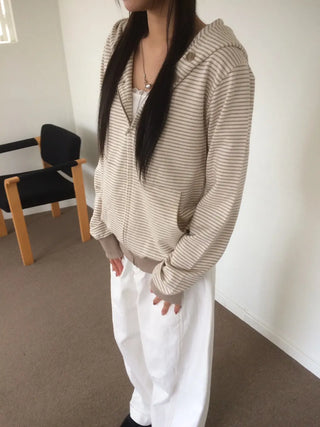 Coing Stripe Button Pocket Zip-up Hoodie