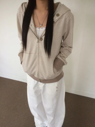 Coing Stripe Button Pocket Zip-up Hoodie