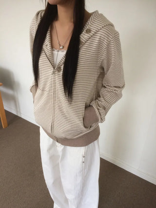 Coing Stripe Button Pocket Zip-up Hoodie