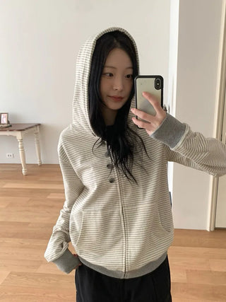 Coing Stripe Button Pocket Zip-up Hoodie