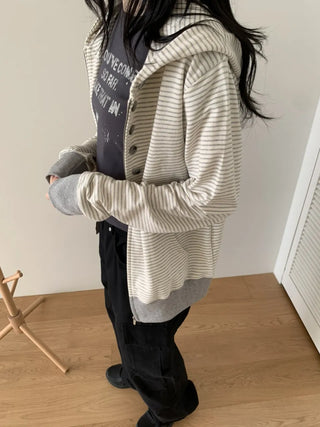 Coing Stripe Button Pocket Zip-up Hoodie