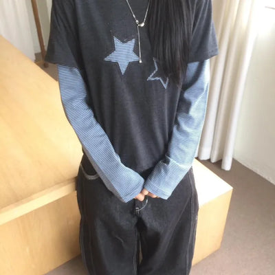 Star Patch Stripe Layered Long Sleeve T-shirt