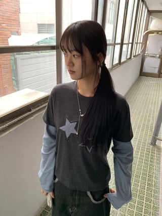 Star Patch Stripe Layered Long Sleeve T-shirt