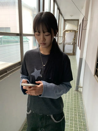 Star Patch Stripe Layered Long Sleeve T-shirt