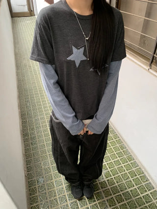 Star Patch Stripe Layered Long Sleeve T-shirt