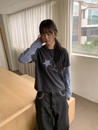 Star Patch Stripe Layered Long Sleeve T-shirt