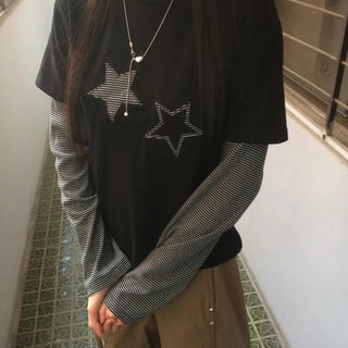 Star Patch Stripe Layered Long Sleeve T-shirt