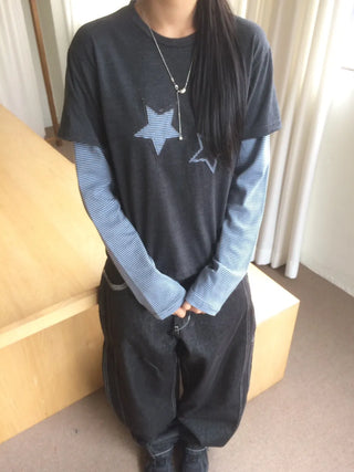Star Patch Stripe Layered Long Sleeve T-shirt