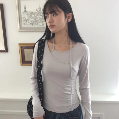 Halter D-Ring Scrap Layered Asymmetrical Long Sleeve T-Shirt