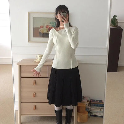 Strap Set Draped Ribbed Long Sleeve Knit