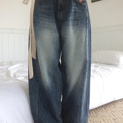 Cracked side cut dark blue wide denim
