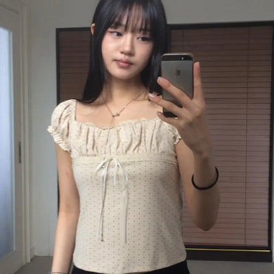 Vintage Lace Shirred Strap Dot Short Sleeve T-shirt