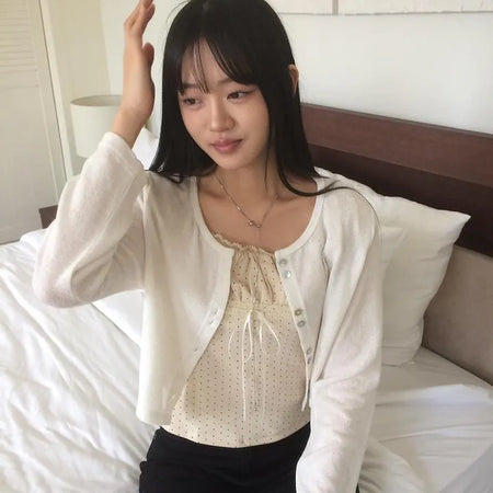 Mother-of-pearl Linen Crop Simple Cardigan