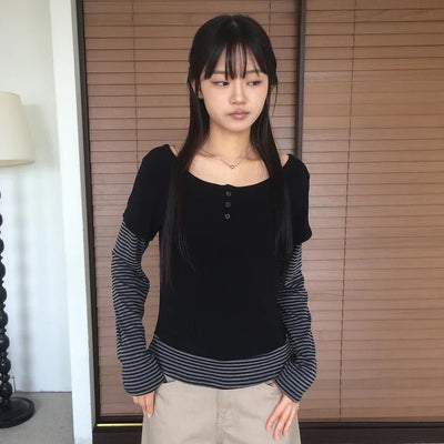 Striped Button Striped Color Block Layered Long Sleeve T-shirt