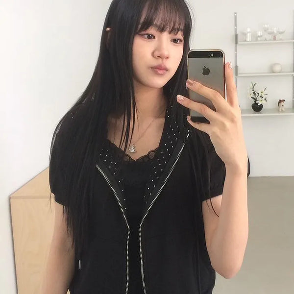 Heart Zipper Dot Color Block Short Sleeve Zip-Up Hoodie
