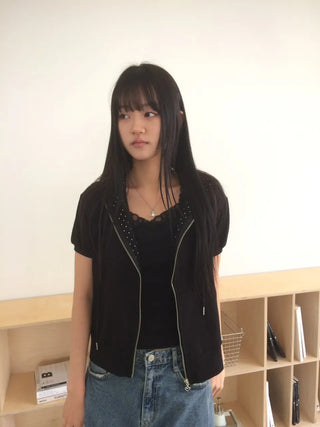 Heart Zipper Dot Color Block Short Sleeve Zip-Up Hoodie