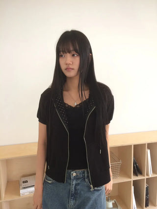 Heart Zipper Dot Color Block Short Sleeve Zip-Up Hoodie
