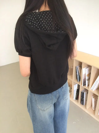 Heart Zipper Dot Color Block Short Sleeve Zip-Up Hoodie