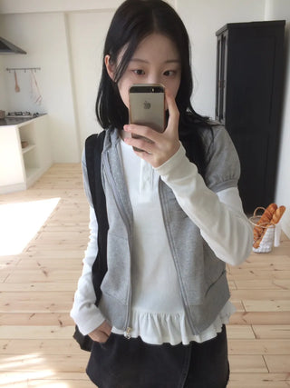 Heart Zipper Dot Color Block Short Sleeve Zip-Up Hoodie