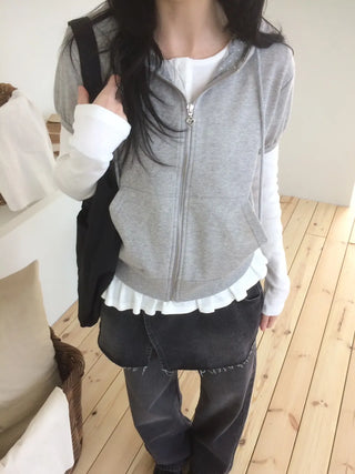 Heart Zipper Dot Color Block Short Sleeve Zip-Up Hoodie