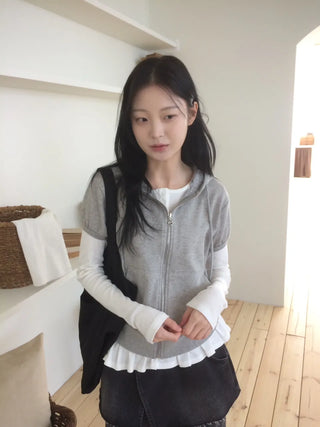 Heart Zipper Dot Color Block Short Sleeve Zip-Up Hoodie