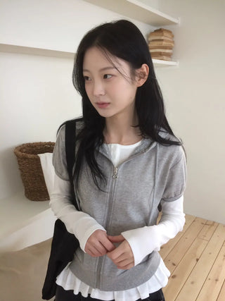 Heart Zipper Dot Color Block Short Sleeve Zip-Up Hoodie