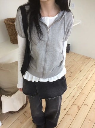 Heart Zipper Dot Color Block Short Sleeve Zip-Up Hoodie