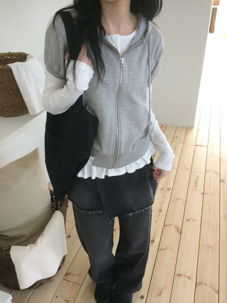 Heart Zipper Dot Color Block Short Sleeve Zip-Up Hoodie