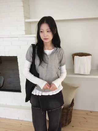 Heart Zipper Dot Color Block Short Sleeve Zip-Up Hoodie