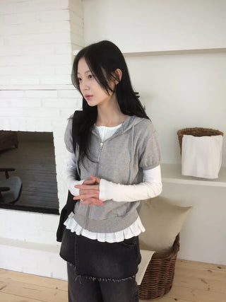 Heart Zipper Dot Color Block Short Sleeve Zip-Up Hoodie